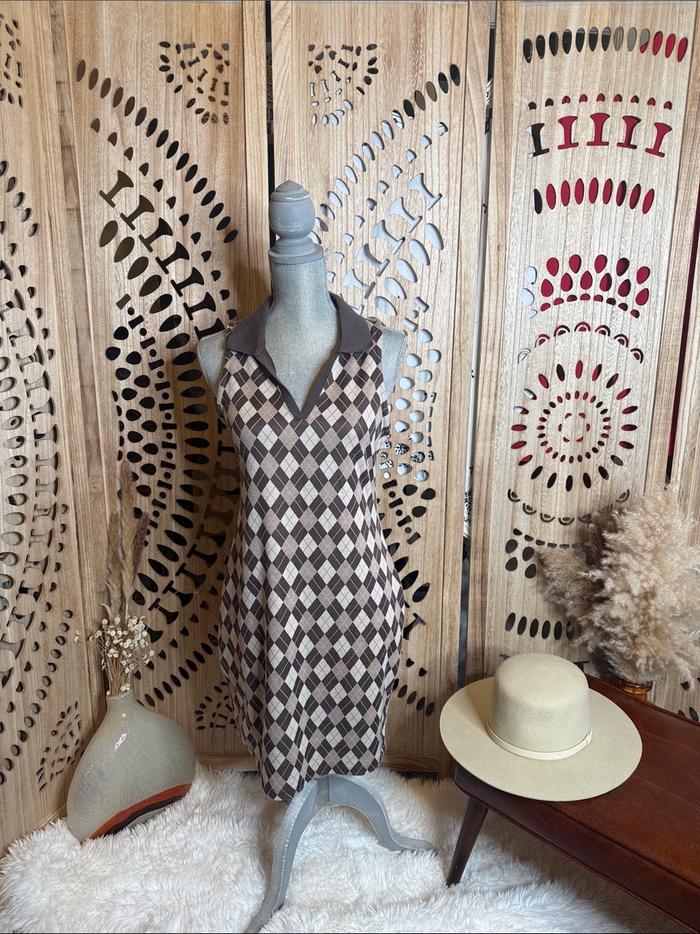 Sleeveless Argyle Knit Mini Dress in Brown